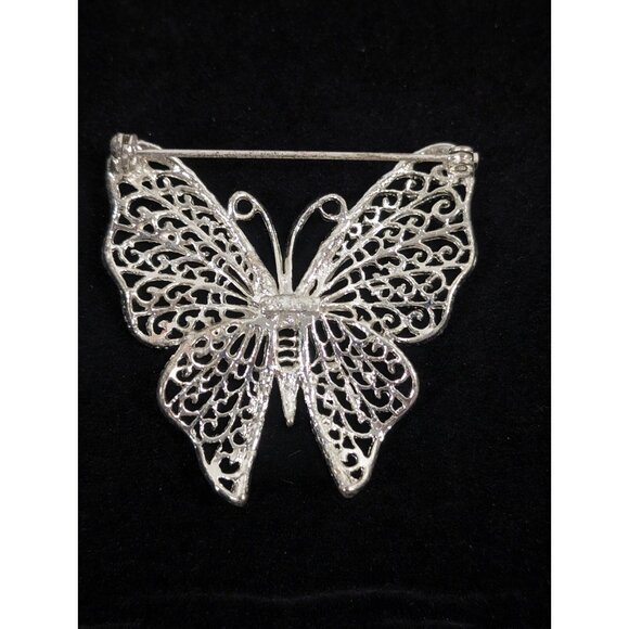 Vintage M Jent Butterfly Pin Silver Tone Open Metal Work Brooch - Picture 4 of 8